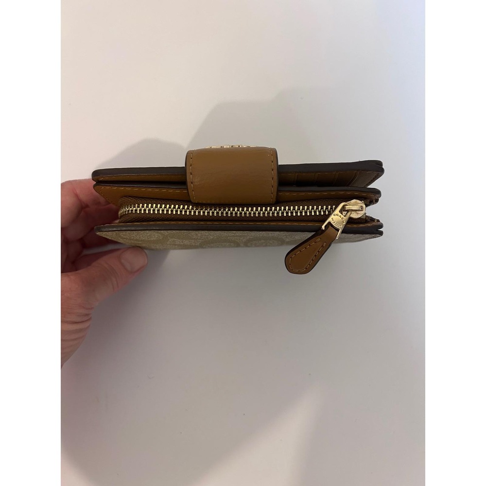 Coach Medium Corner Zip Wallet Signature Canvas Khaki Saddle Brown C0082 - Picture 4 of 8